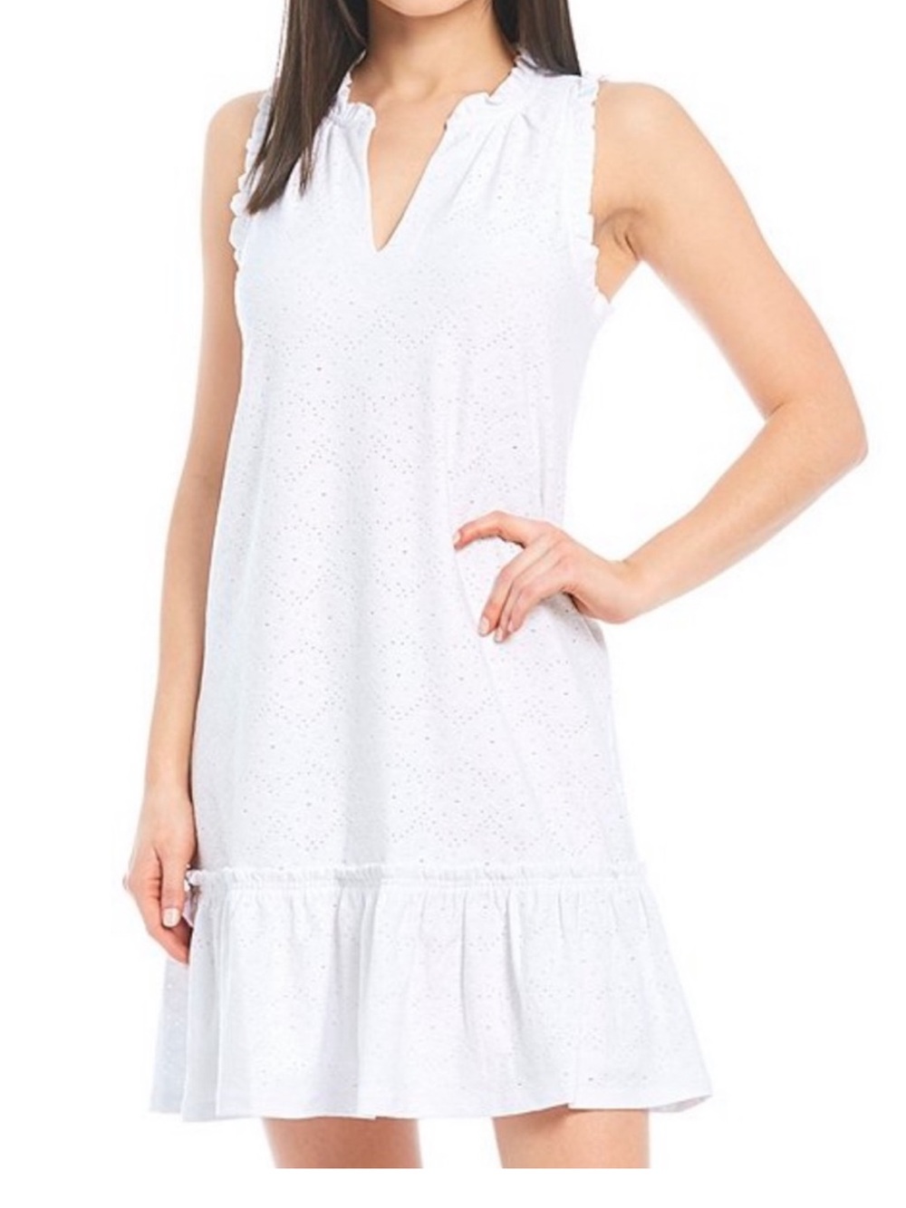 Michael Kors White Eyelet  Dress sleeveless, stretchy, ruffle hem trim XL.